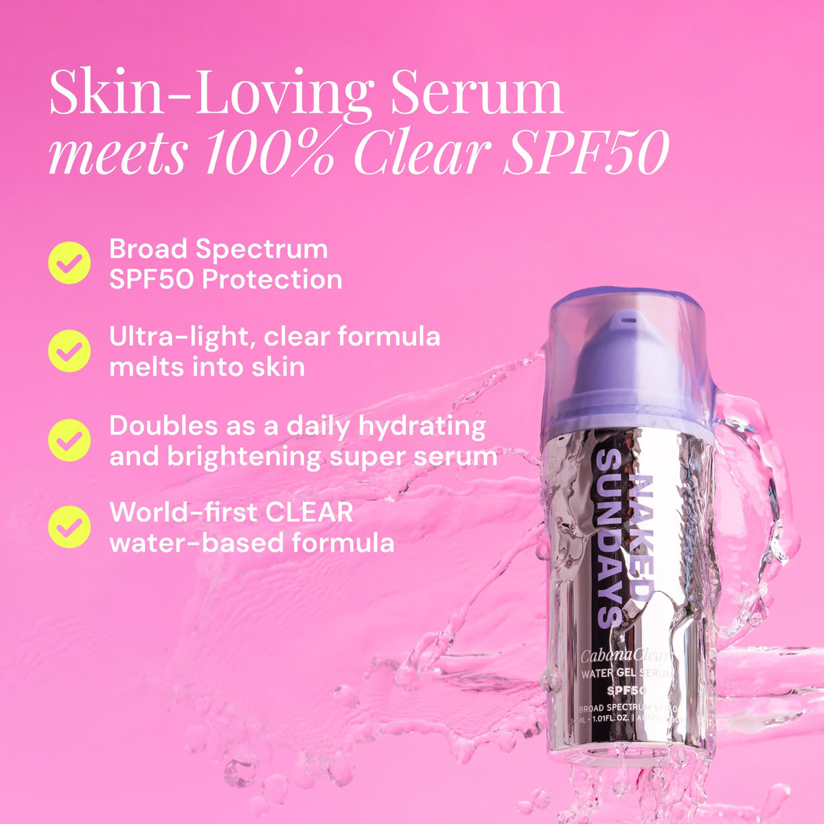 Naked Sundays clear water-gel texture close-up demonstrating fast absorption
