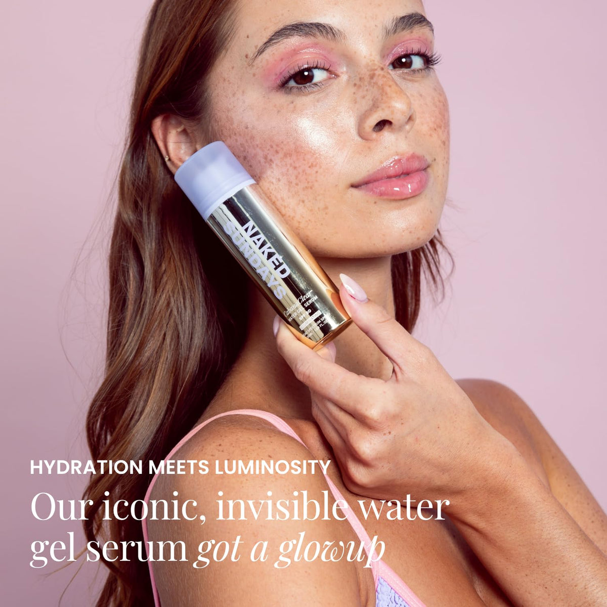 Close-up water-gel drop texture highlighting Naked Sundays lightweight glow