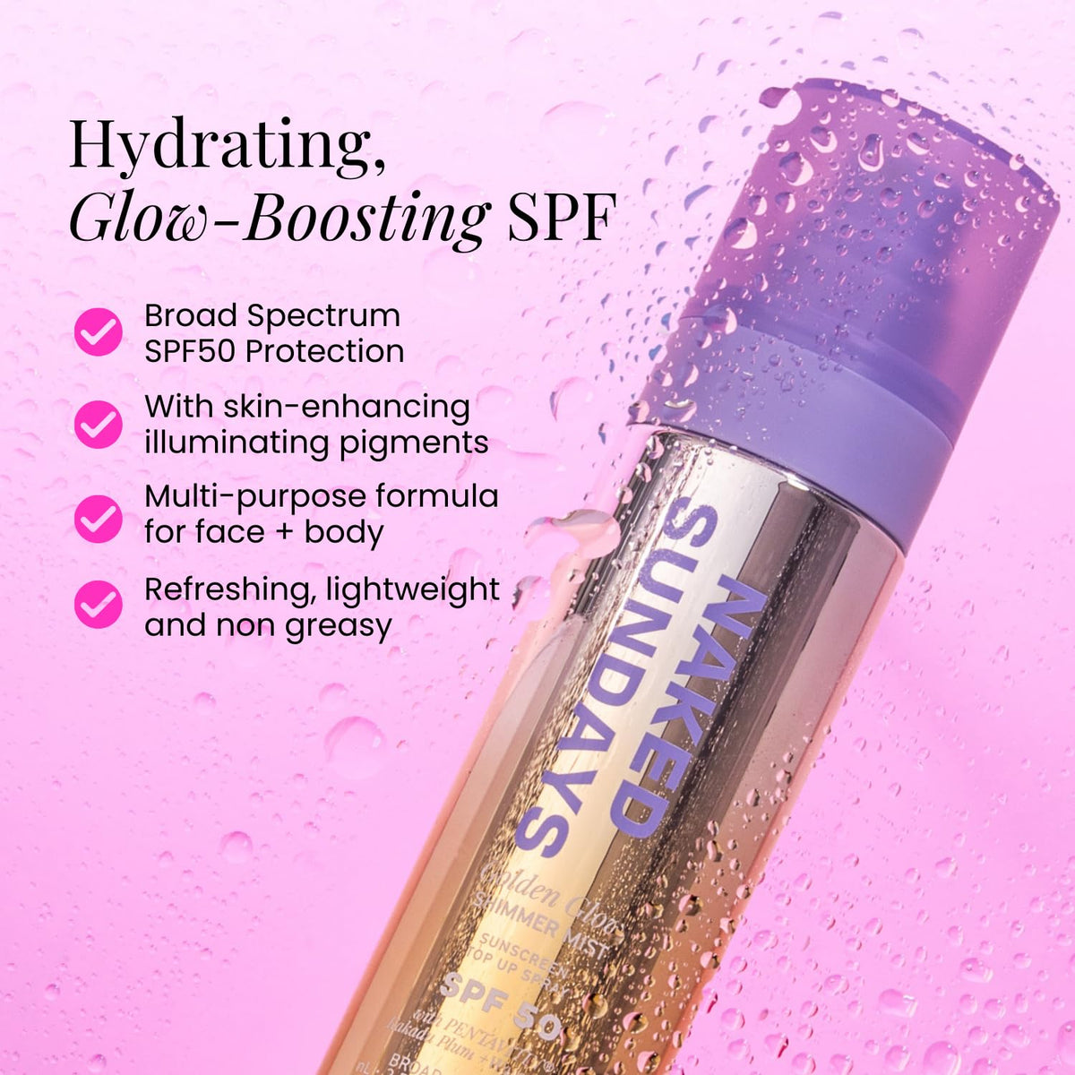 Naked Sundays fine mist spraying evenly for easy SPF reapplication over makeup