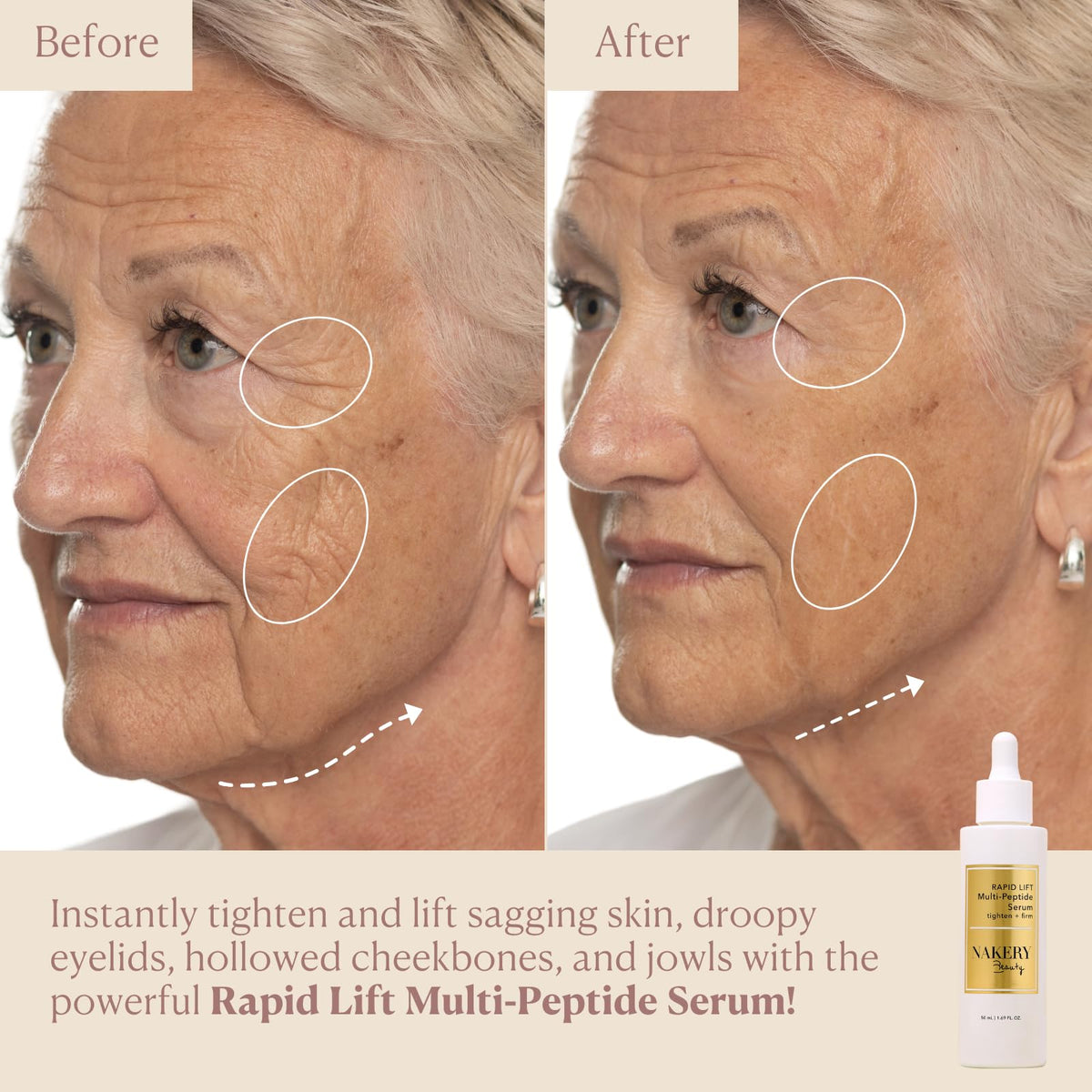 Nakery applying serum to cheek to show lifting effect and improved texture