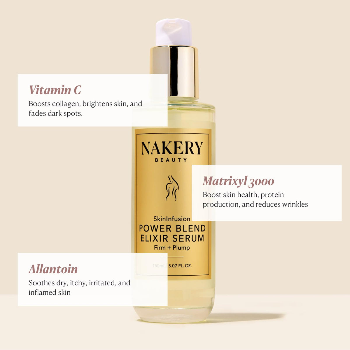 Nakery ingredient label close-up showing peptides, hyaluronic acid, and vitamin C details
