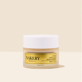 Nakery Lift-Tox on a bedside table in a skincare routine scene emphasizing nightly repair benefit