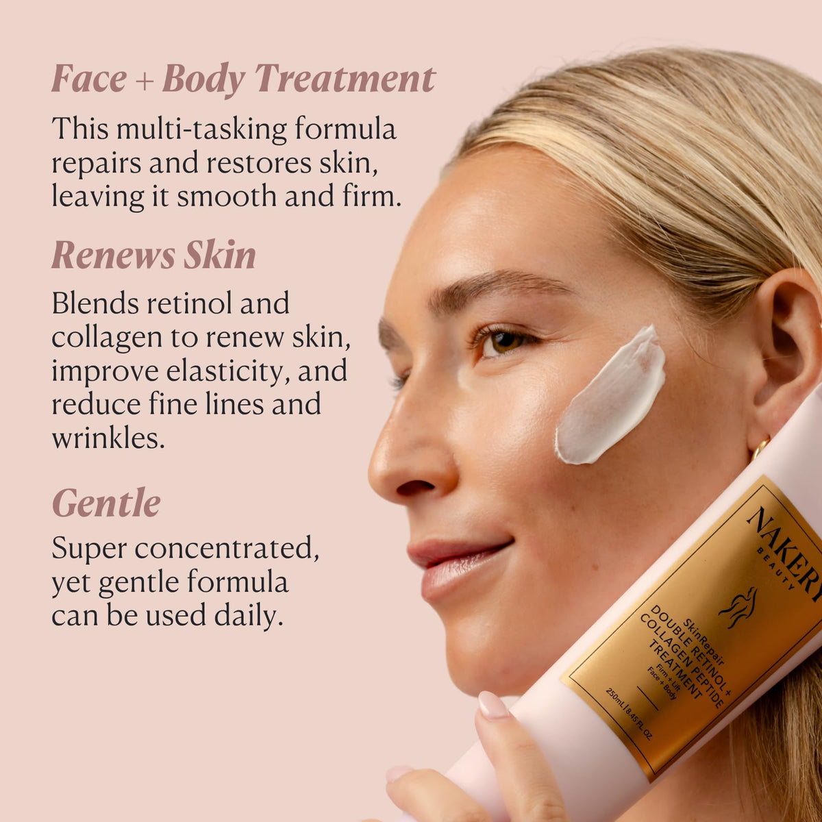 Nakery ingredient layout featuring retinol collagen and hyaluronic acid benefits