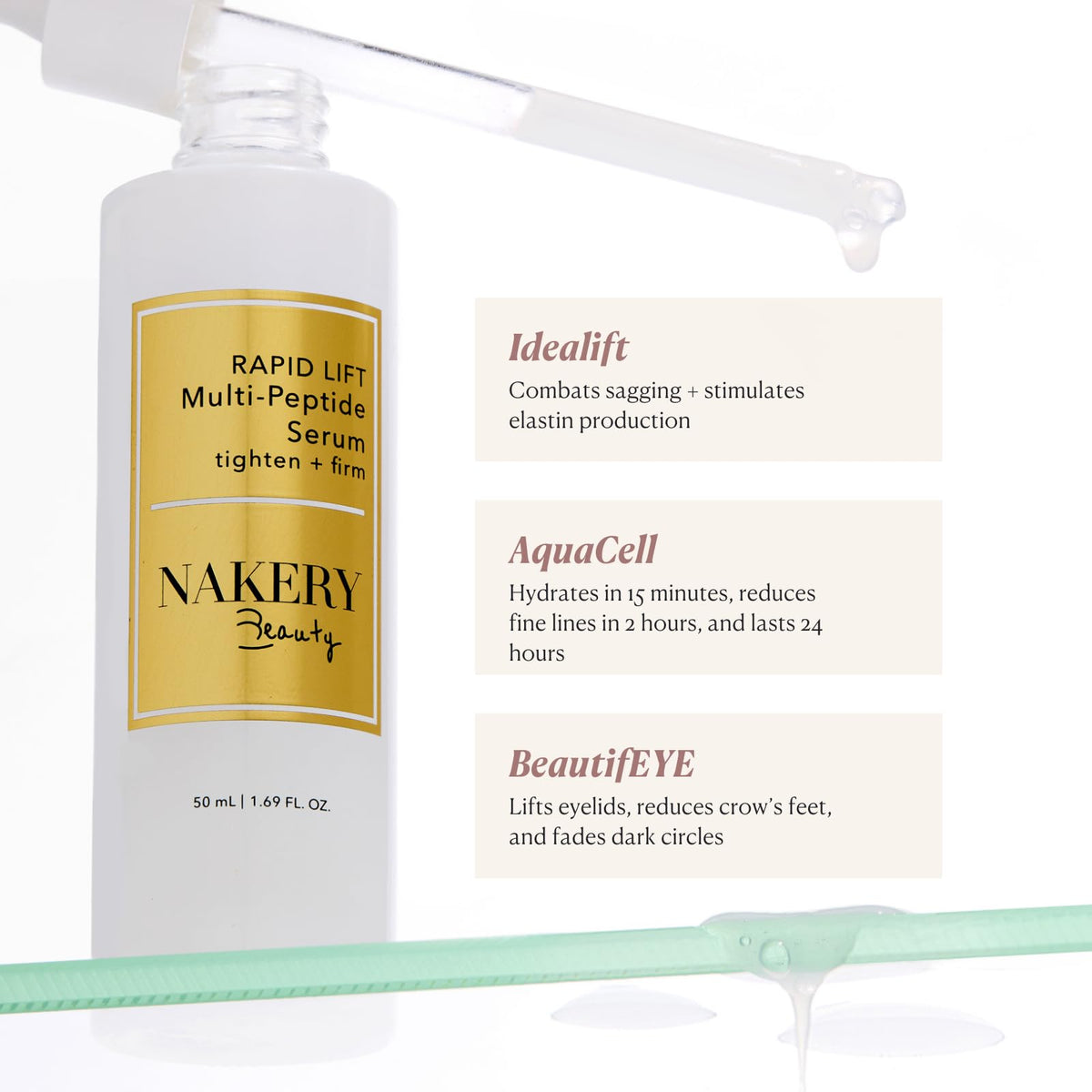 Nakery texture close-up drop highlighting silky peptide serum for smooth absorption