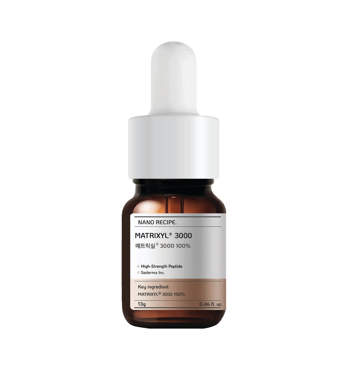 Nano Recipe front packaging showing compact peptide concentrate bottle and benefits
