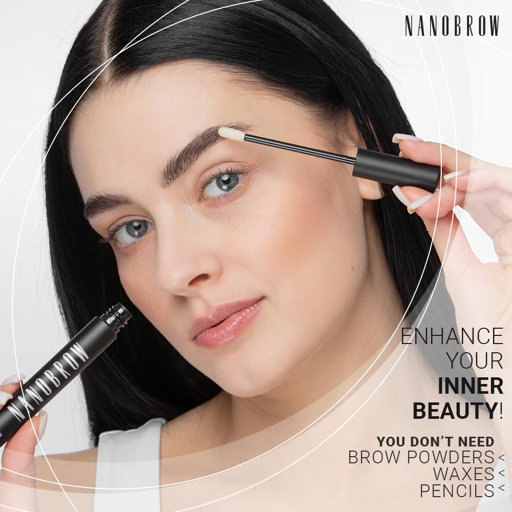 Nanobrow serum texture on fingertip showing lightweight non-greasy formula for quick absorption