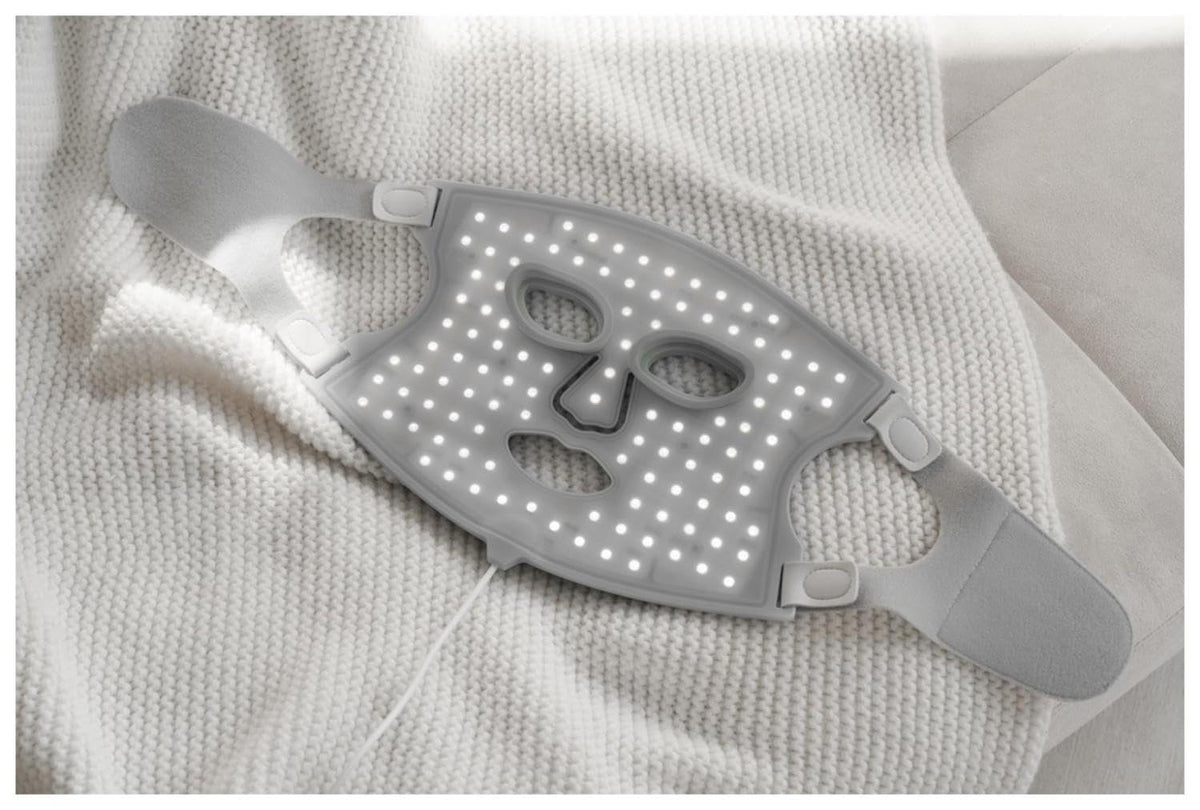 Nanoleaf mask in use on woman relaxing to support easy at-home treatments