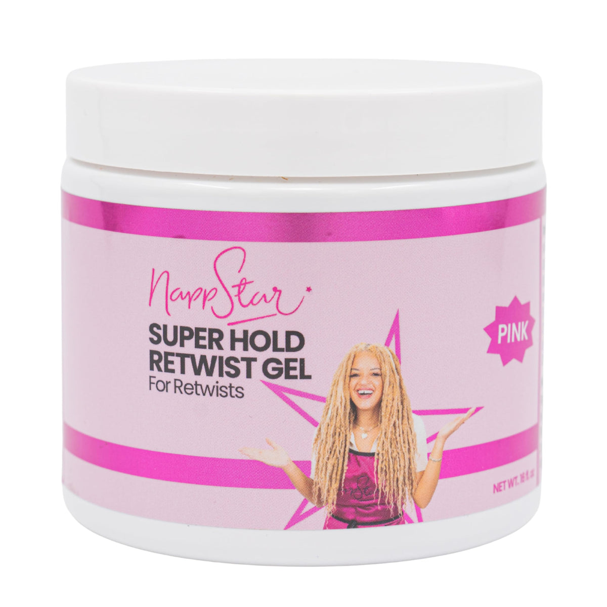 NappStar front packaging pink jar showing 16 oz and strong-hold benefit