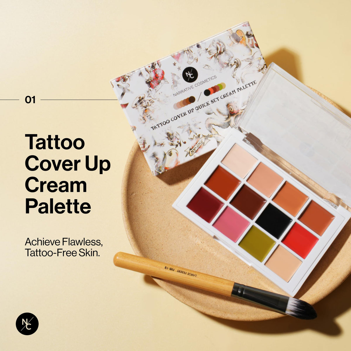 Narrative Cosmetics open palette top-down view displaying twelve cream shades for versatile correction
