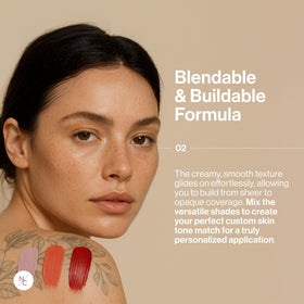 Narrative Cosmetics swatches on forearm showing blendable pigments and customizable coverage