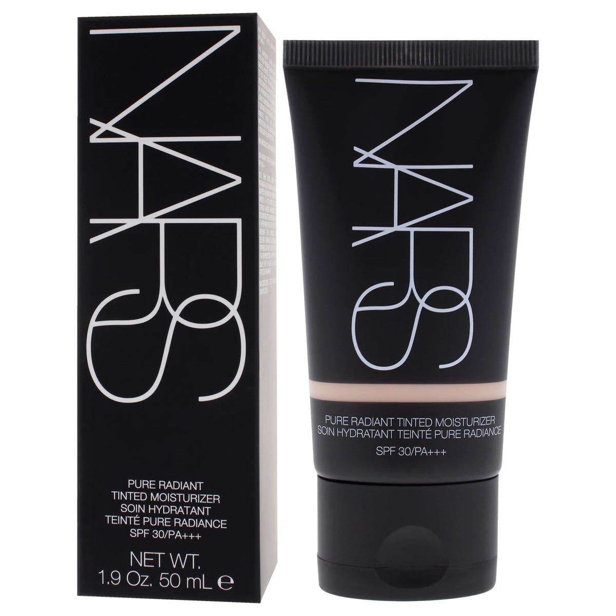 NARS Pure Radiant bottle beside SPF cap illustrating built-in sun protection convenience benefit