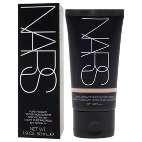 NARS Pure Radiant bottle beside SPF cap illustrating built-in sun protection convenience benefit