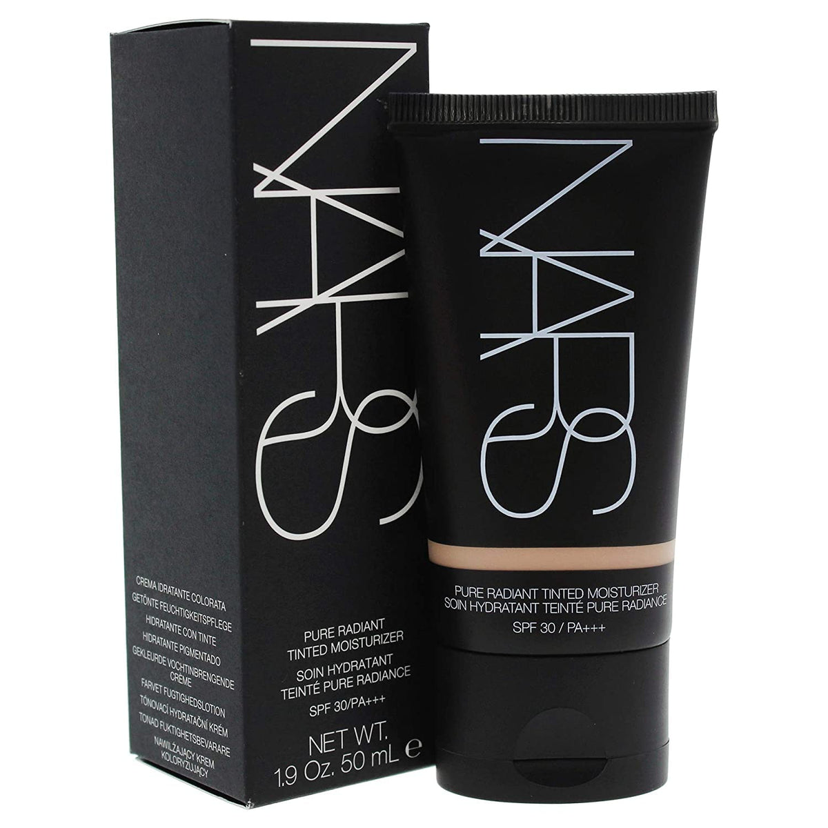 NARS Pure Radiant tinted moisturizer tube front view showing shade and SPF benefits