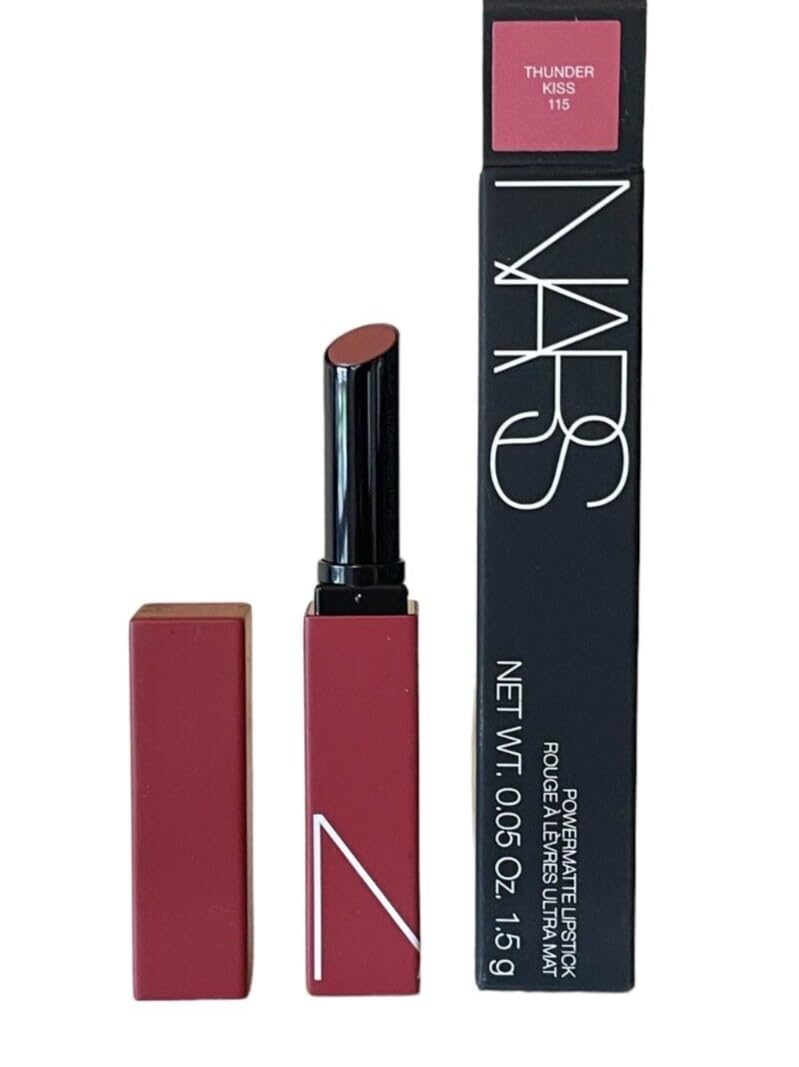 NARS Powermatte lipstick front packaging showing shade 115 Thunder Kiss and compact tube benefit: bold color