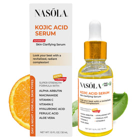 Nasola front packaging showing bottle and box highlighting brightening benefits
