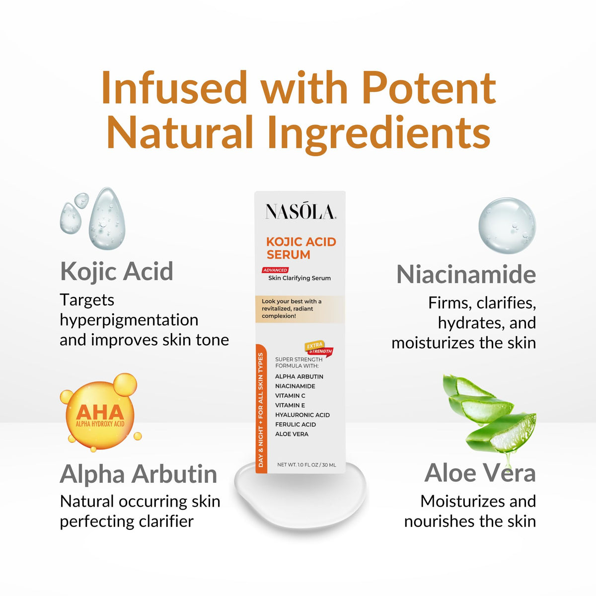 Nasola serum texture on fingertip illustrating lightweight absorption and hydration