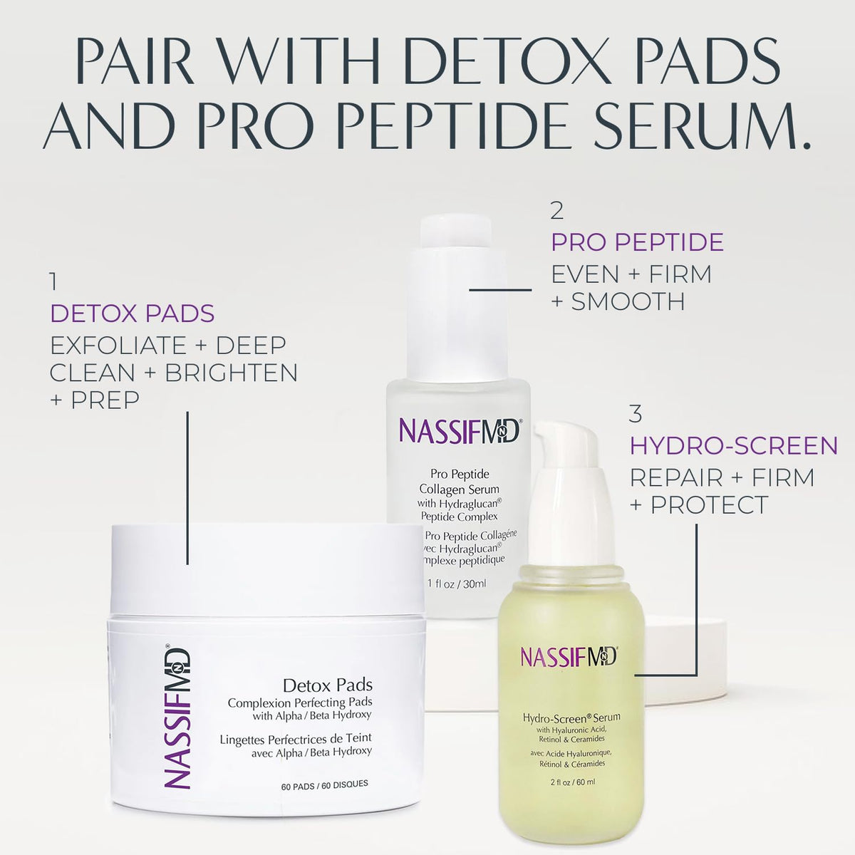 NassifMD serum on vanity with skincare products showing routine-enhancing benefit