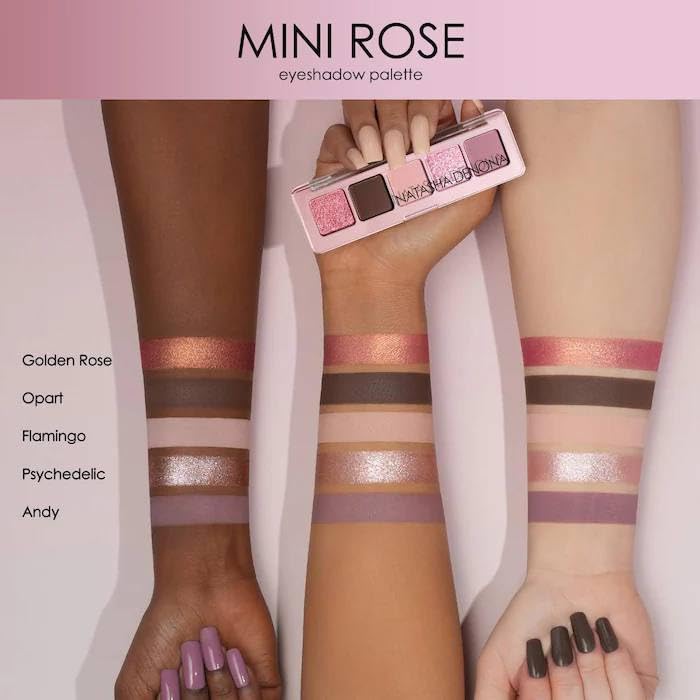 Natasha Denona open palette showing five rosy pans and usable shade range