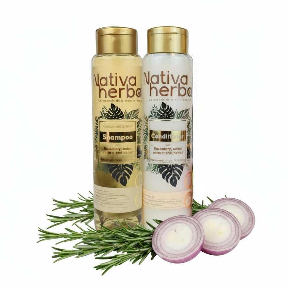 Nativa Herbal front packaging shown for rosemary and onion hair set, promotes stronger roots