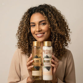 Nativa Herbal shampoo bottle label close-up, highlights botanical ingredients and benefits