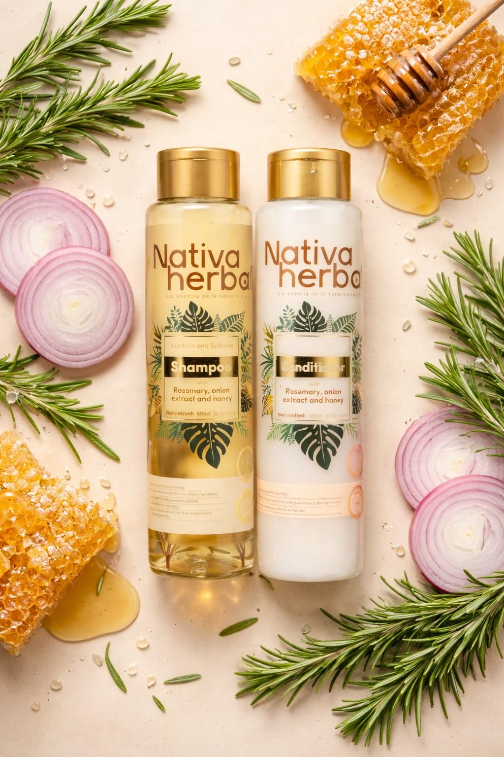 Nativa Herbal bottles beside ruler for size comparison, emphasizes generous 18.5 fl oz volume
