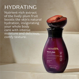 NATIVA SPA bottle beside flowers suggesting plum and vanilla fragrance