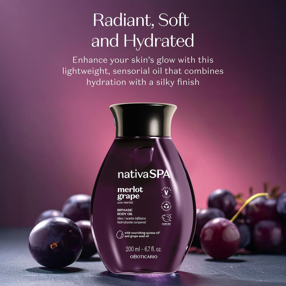 Nativa SPA bottle pouring oil illustrating easy application and quick absorption