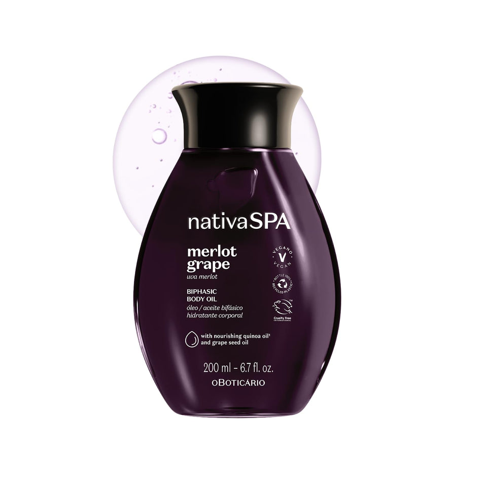 Nativa SPA front packaging showing bottle and merlot grape scent benefit
