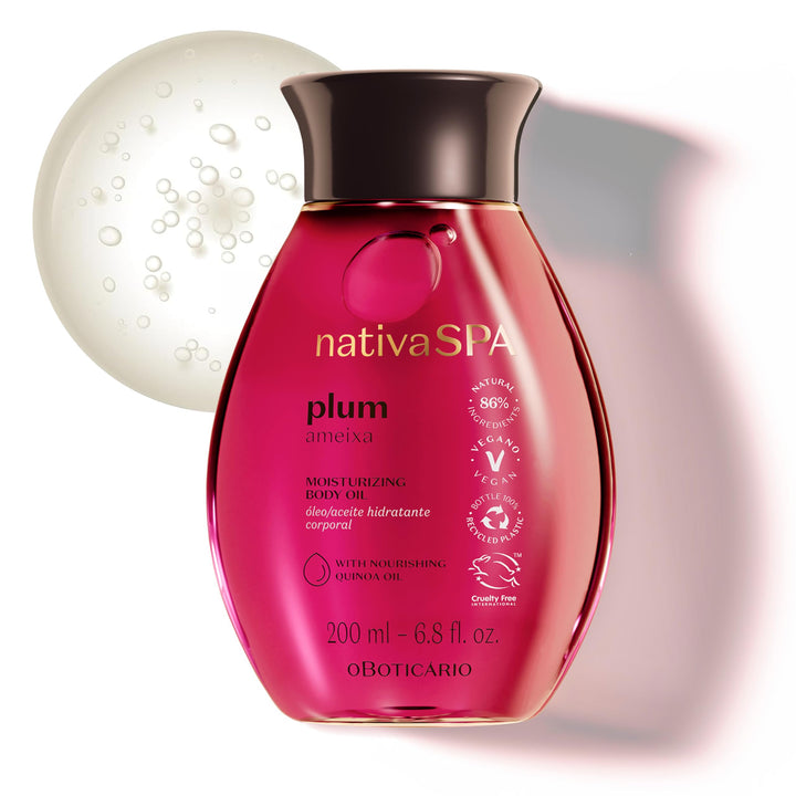 Nativa SPA bottle front view showing plum body oil and elegant packaging for hydration