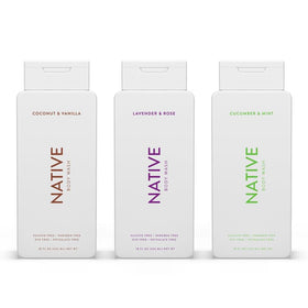 Native front packaging showing three 18 oz bottles and scents for easy selection