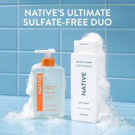 Native bottle styled by towel conveying spa-like scent and bathroom organization