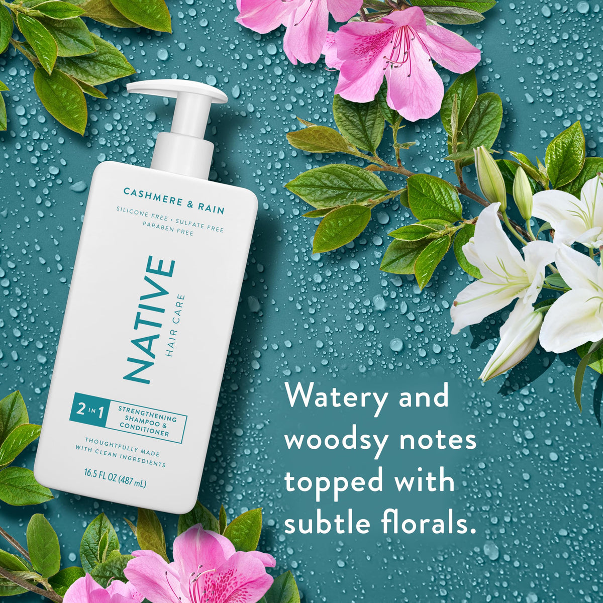 Native bottle staged in shower highlighting easy rinsing and daily use