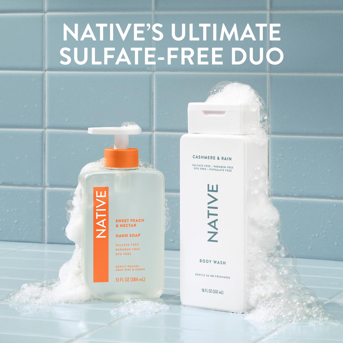 Family bathroom display with pump bottle, Native reduces frequent refills