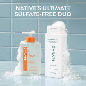 Family bathroom display with pump bottle, Native reduces frequent refills