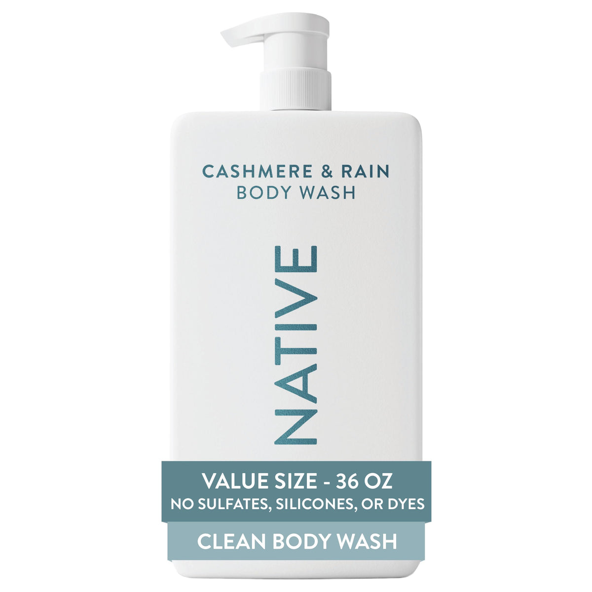 Native bottle front packaging showing Cashmere & Rain scent, easy refill benefit