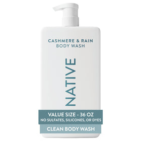 Native bottle front packaging showing Cashmere & Rain scent, easy refill benefit