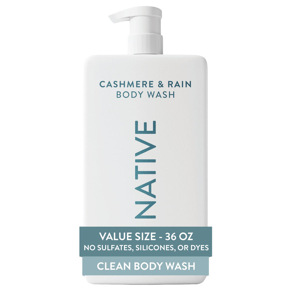 Native bottle front packaging showing Cashmere & Rain scent, easy refill benefit