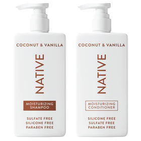 Native front packaging showing shampoo and conditioner set with coconut and vanilla benefits