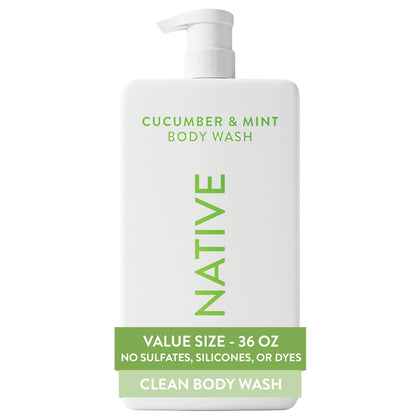 Native front packaging of cucumber and mint body wash showing clean design and pump