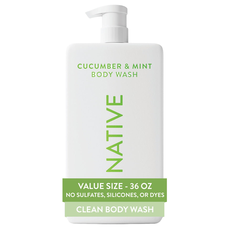 Native front packaging of cucumber and mint body wash showing clean design and pump