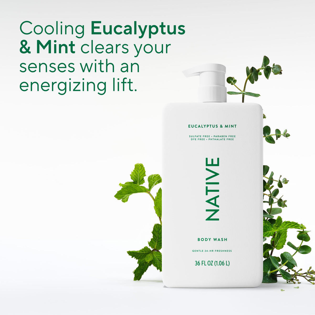 Native bottle staged in shower showing invigorating eucalyptus mint scent benefits