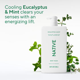 Native bottle staged in shower showing invigorating eucalyptus mint scent benefits