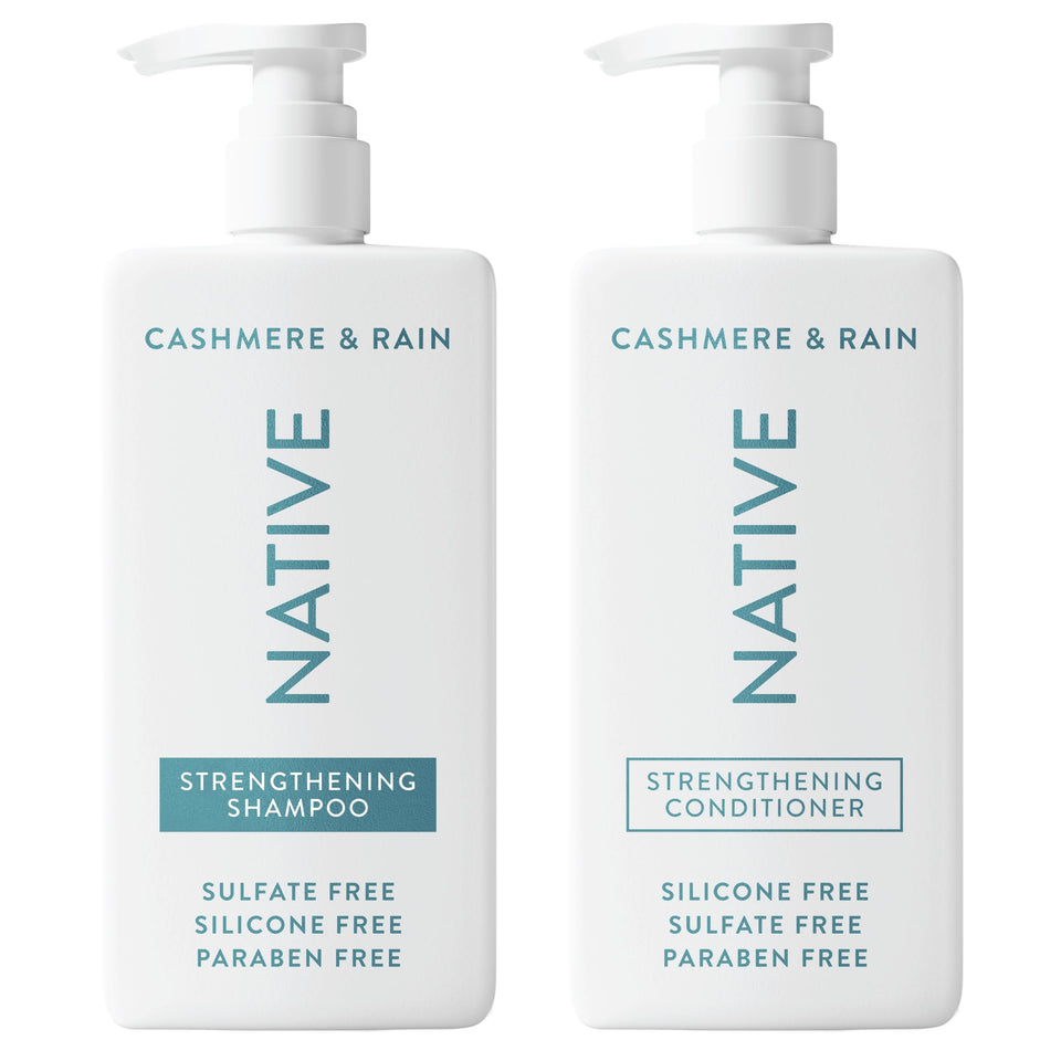 Native front packaging showing both Cashmere & Rain bottles and set benefit