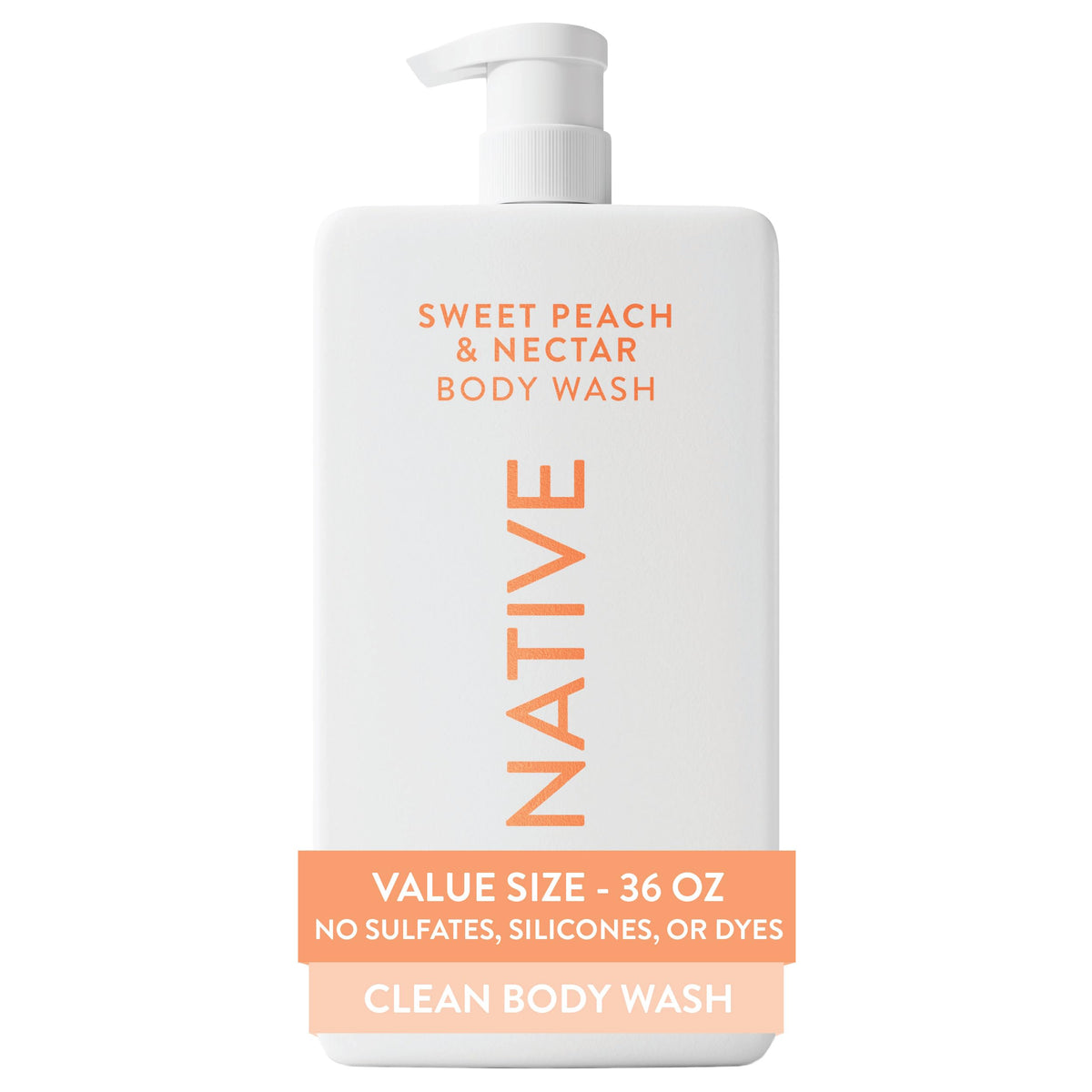 Native front pump bottle showing brand and sweet peach scent, easy family use