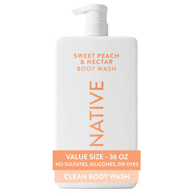 Native front pump bottle showing brand and sweet peach scent, easy family use