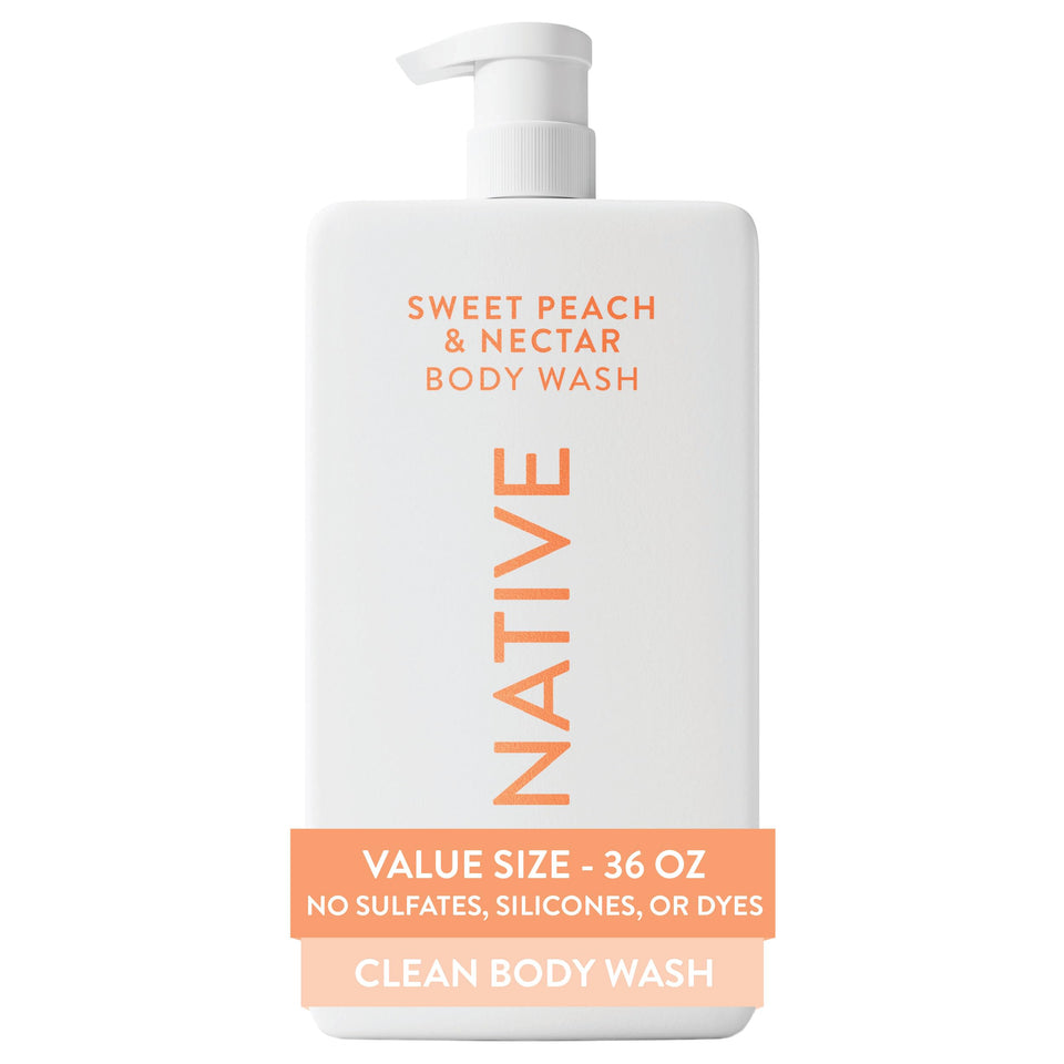 Native front pump bottle showing brand and sweet peach scent, easy family use