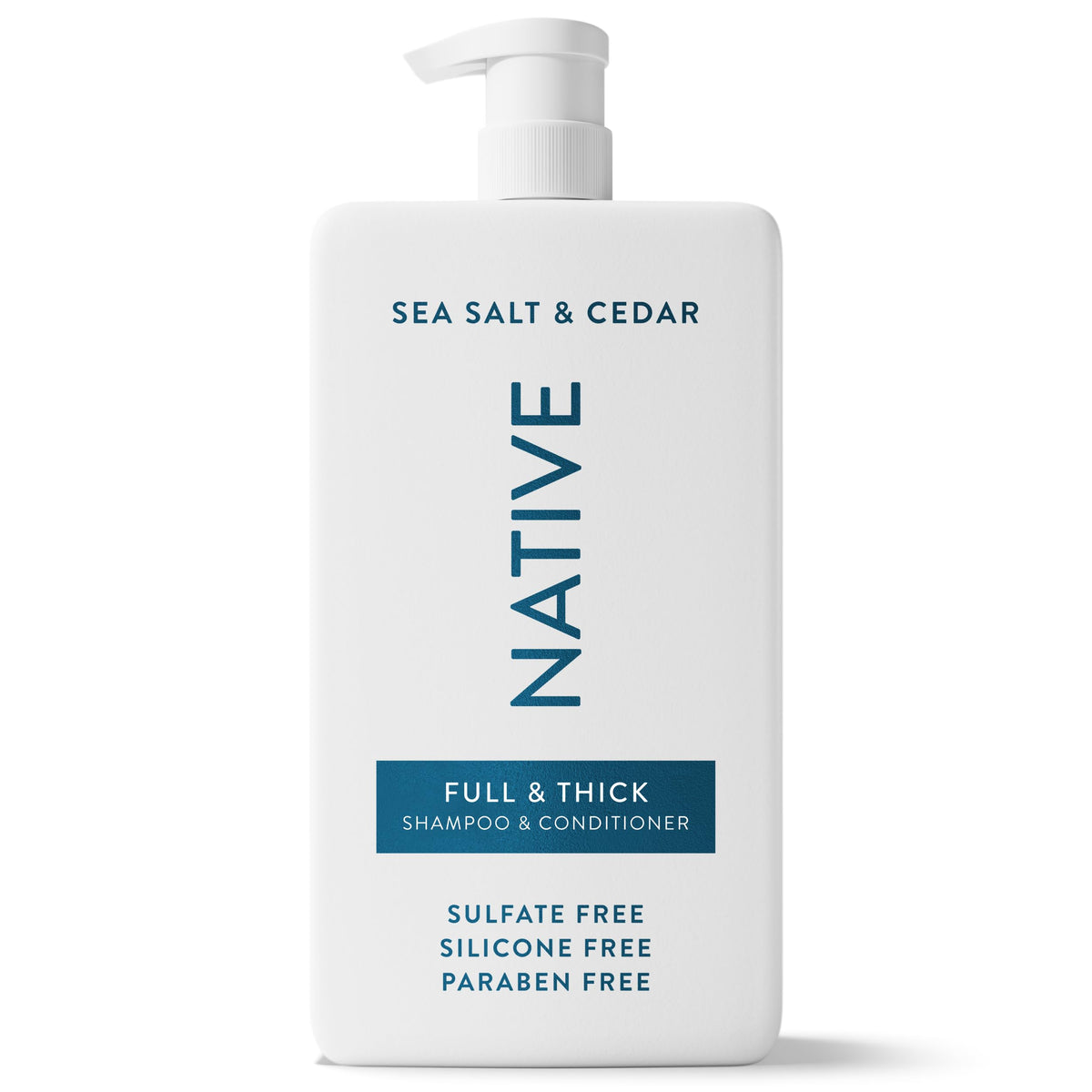 Native front bottle showing Sea Salt & Cedar scent and large 36 fl oz size benefit