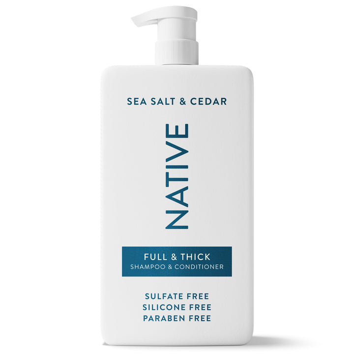 Native front bottle showing Sea Salt & Cedar scent and large 36 fl oz size benefit