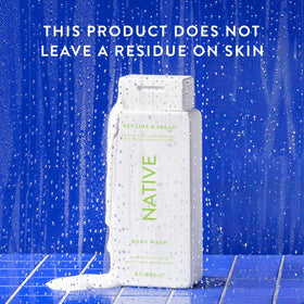 Native bottle on bathroom shelf conveying fresh scent and uplifting shower