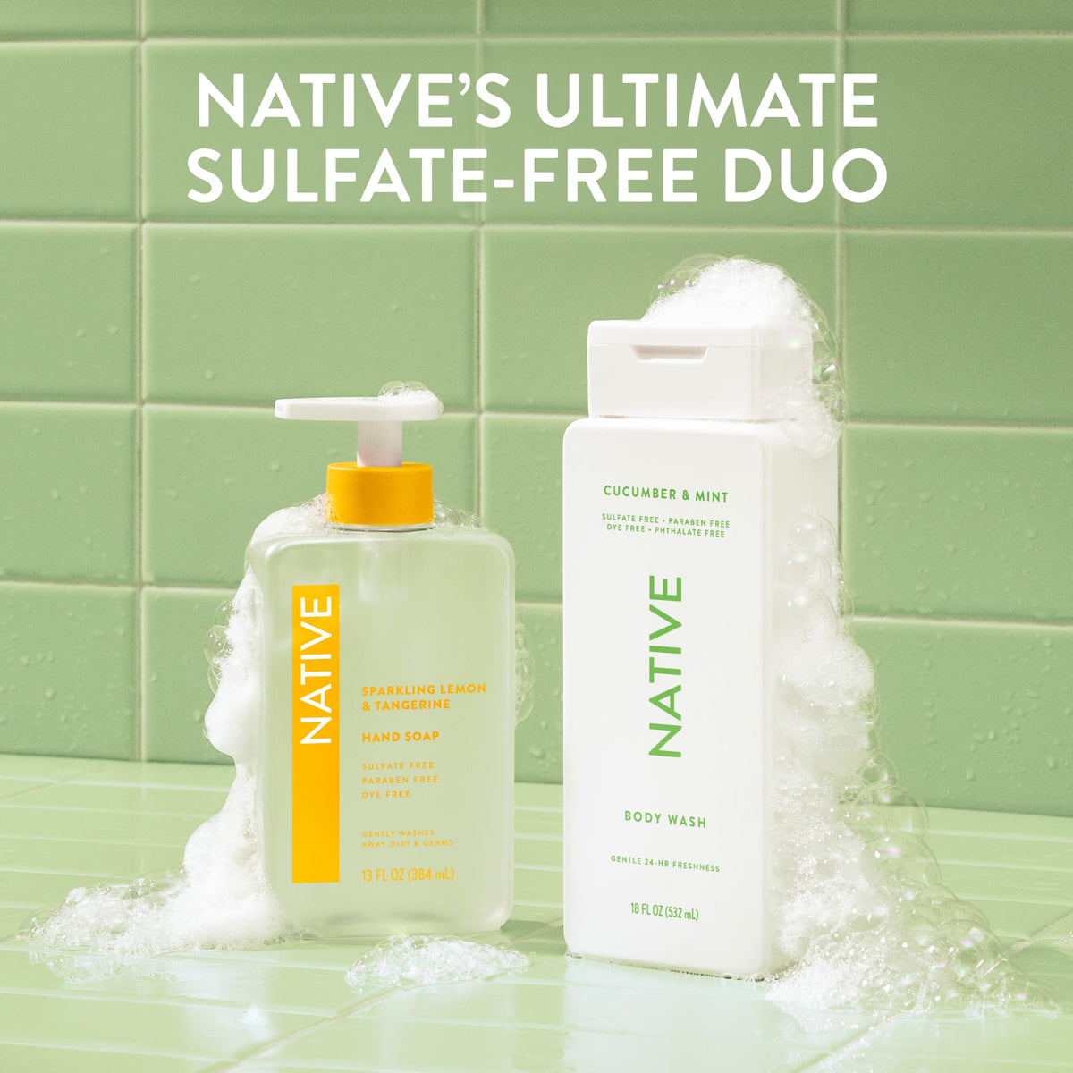 Native bottle on bathroom shelf styled to show bright, refreshing daily routine